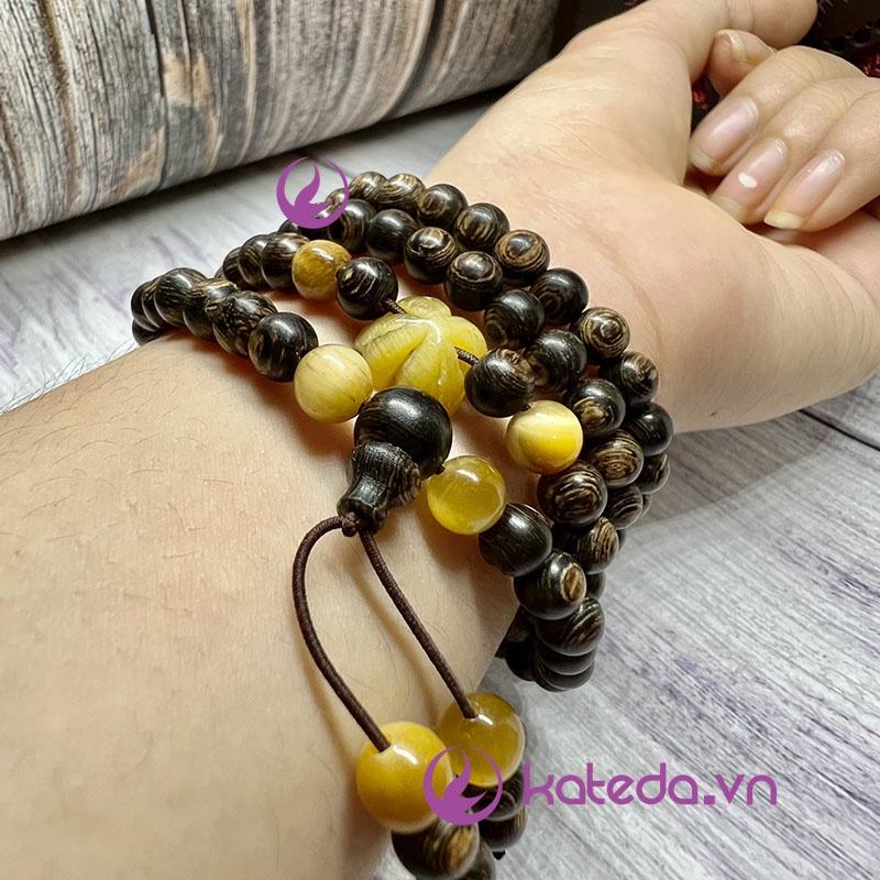 Vòng Tay Trầm Hương Chuỗi Tràng Hạt 6mm 108 Hạt Mix Cỏ Bốn Lá,Trầm Sánh Chìm Quảng Nam Việt Nam