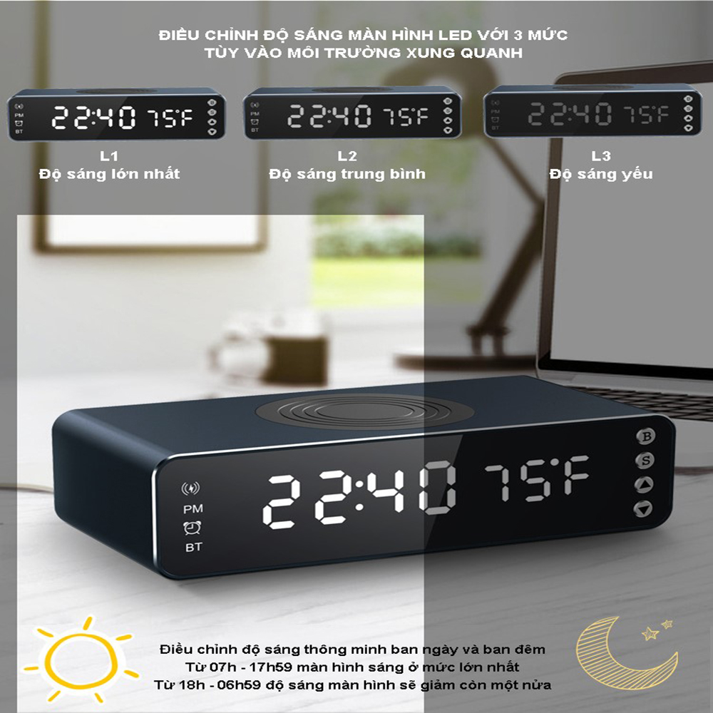 Đế sạc nhanh không dây từ tính cho điện thoại công suất 15W tích hợp loa bluetooth đồng hồ xem giờ báo thức báo nhiệt độ