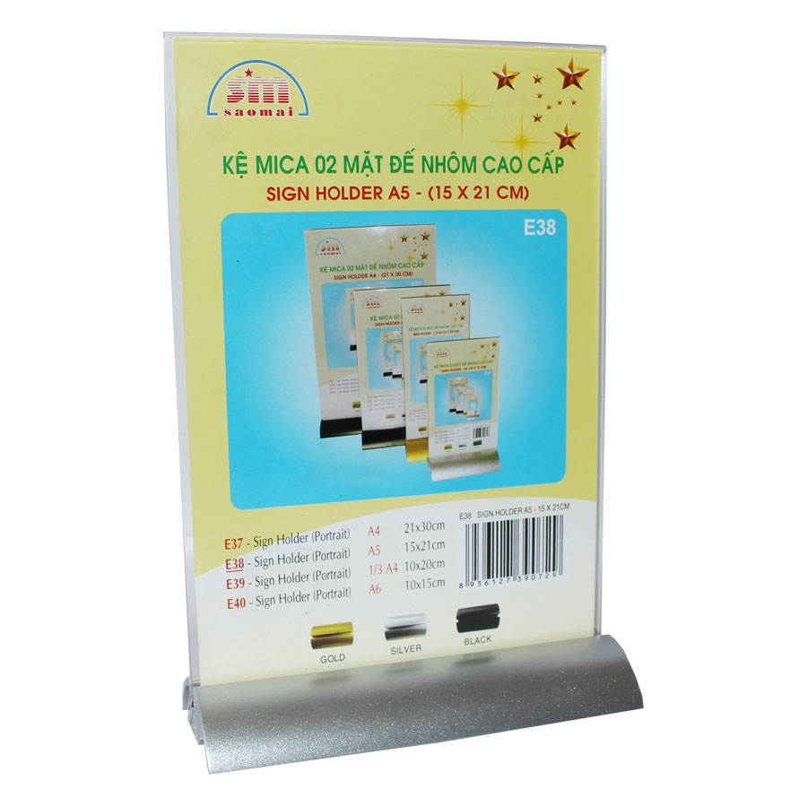 Kệ Mica 02 Mặt Đế Nhôm Cao Cấp A5 E38 (KT: 15 x 21cm)