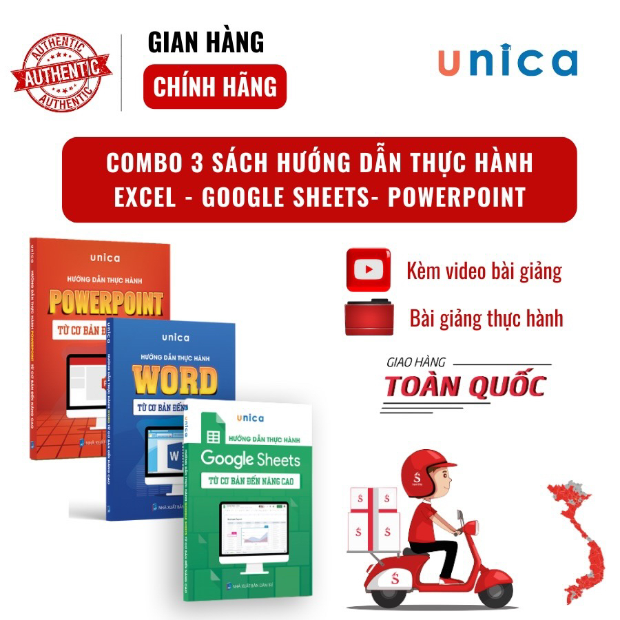 Combo 3 sách Word - Google sheet - PowerPoint Tin học văn phòng Unica, Hướng dẫn thực hành từ cơ bản đến nâng cao, in màu chi tiết, TẶNG video bài giảng