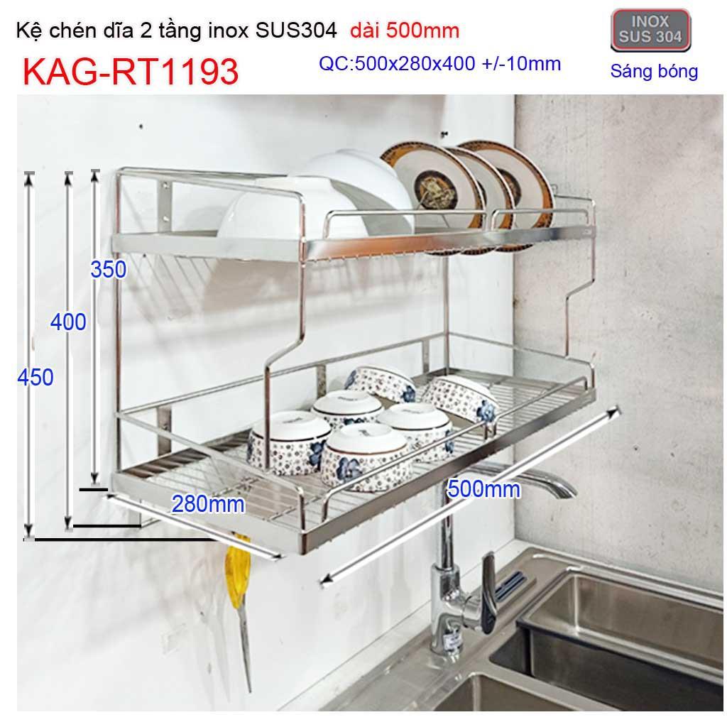 Kệ đựng chén bát inox SUS304, kệ úp chén dĩa 2 tầng inox 304 dài 50cm KAG-RT1193