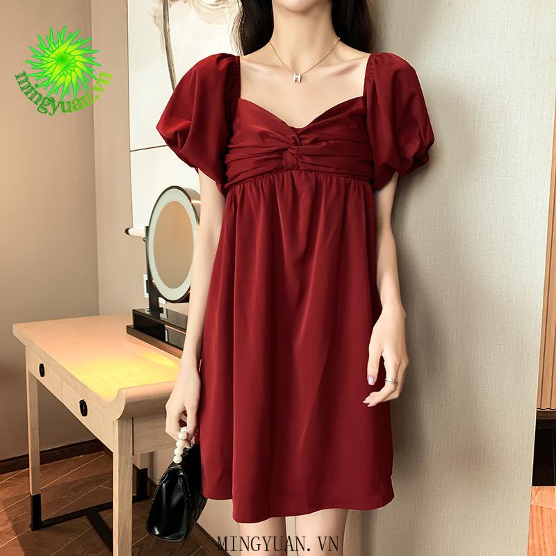 Đầm Nhung Tay Phồng Cổ Chữ V Hở Lưng Phong Cách Retro