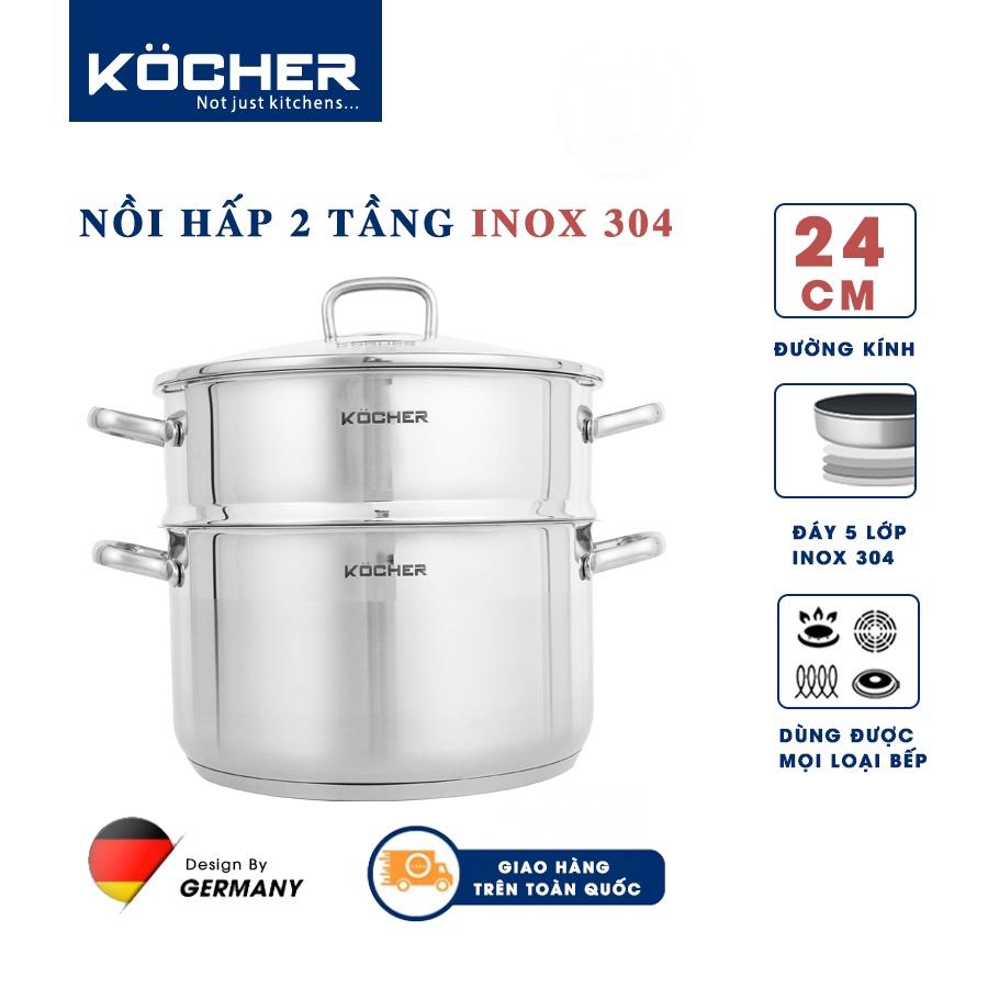 Xửng hấp, nồi hấp 2 tầng đa năng inox 304 5 đáy cao cấp KOCHER dày dặn size 24cm tiện dụng - Hàng chính hãng