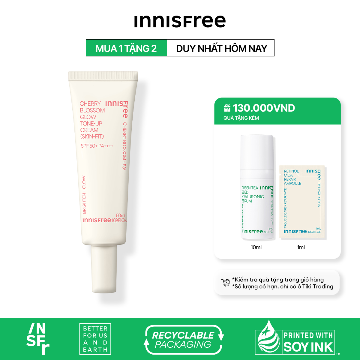 Kem dưỡng ẩm làm sáng chống nắng cho da innisfree Cherry Blossom Glow Skin-Fit Tone-Up Cream SPF 50+PA++++ 50ml
