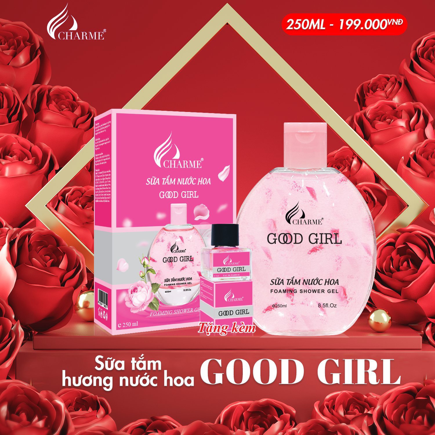 Sữa tắm nước hoa, Charme Goodgirl, dòng sữa tắm dưỡng ẩm, sáng da, hương nước hoa Pháp, 250ml