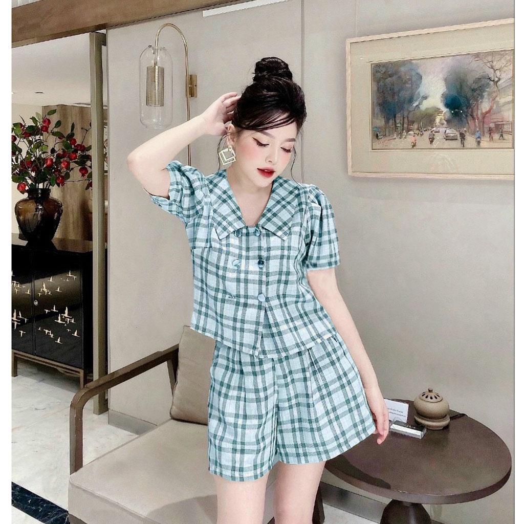 Set đồ bộ đi chơi nữ áo sơ mi croptop và quần short đùi caro chất vải mềm nhẹ thoáng mát