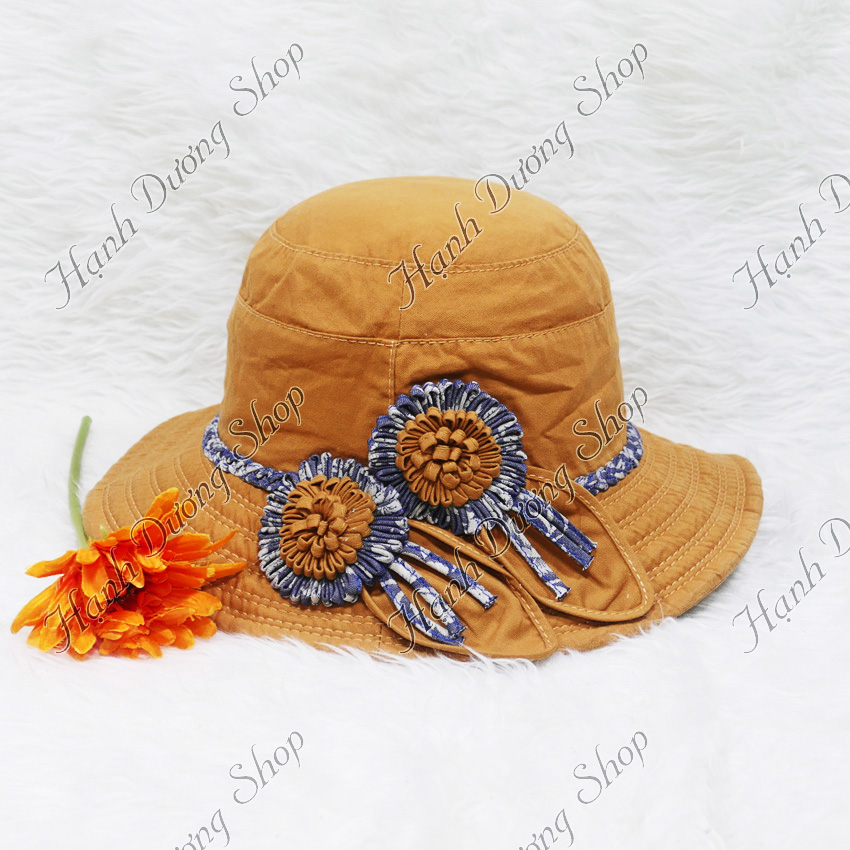 Nón rộng vành nữ gắn hoa 2 hoa vành rộng 7cm, kết tít xung quanh hoa, chất liệu vải cotton oát cao cấp - Hạnh Dương
