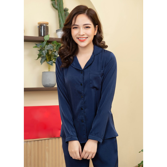 Đồ bộ mặc nhà, đồ ngủ kiểu dáng Pijama chất liệu lụa cao cấp tay dài quần dài có túi hai bên tiện lợi phối viền ren bèo nhỏ tinh tế lịch sự H291