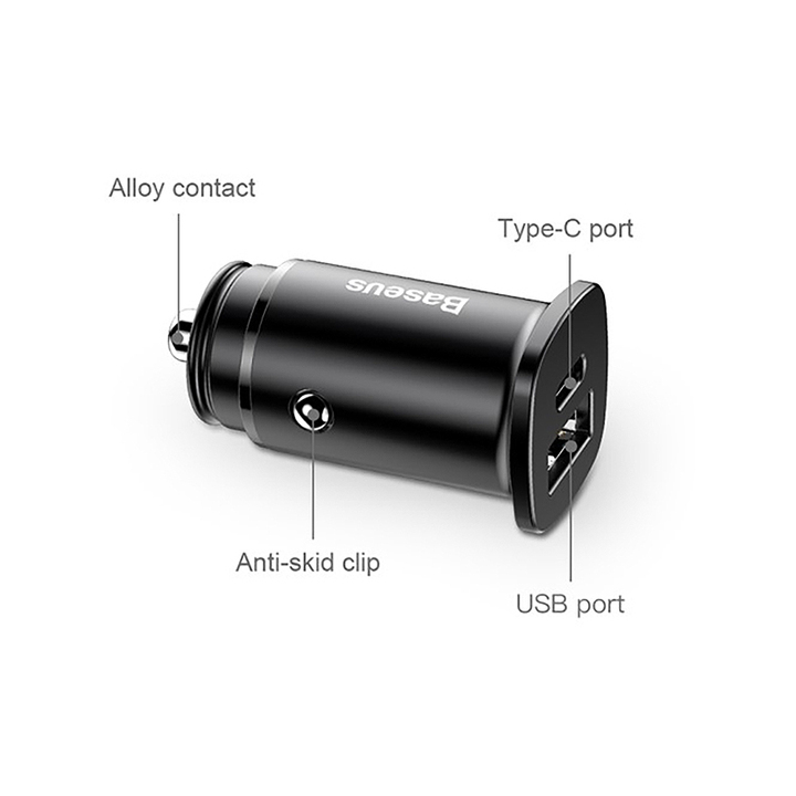 Tẩu sạc nhanh CCALL-AS01 đa năng 2 cổng USB và Type C dùng cho ô tô, xe hơi nhãn hiệu Baseus Circular  Plastic A+C, công suất 30W - Hàng Nhập Khẩu