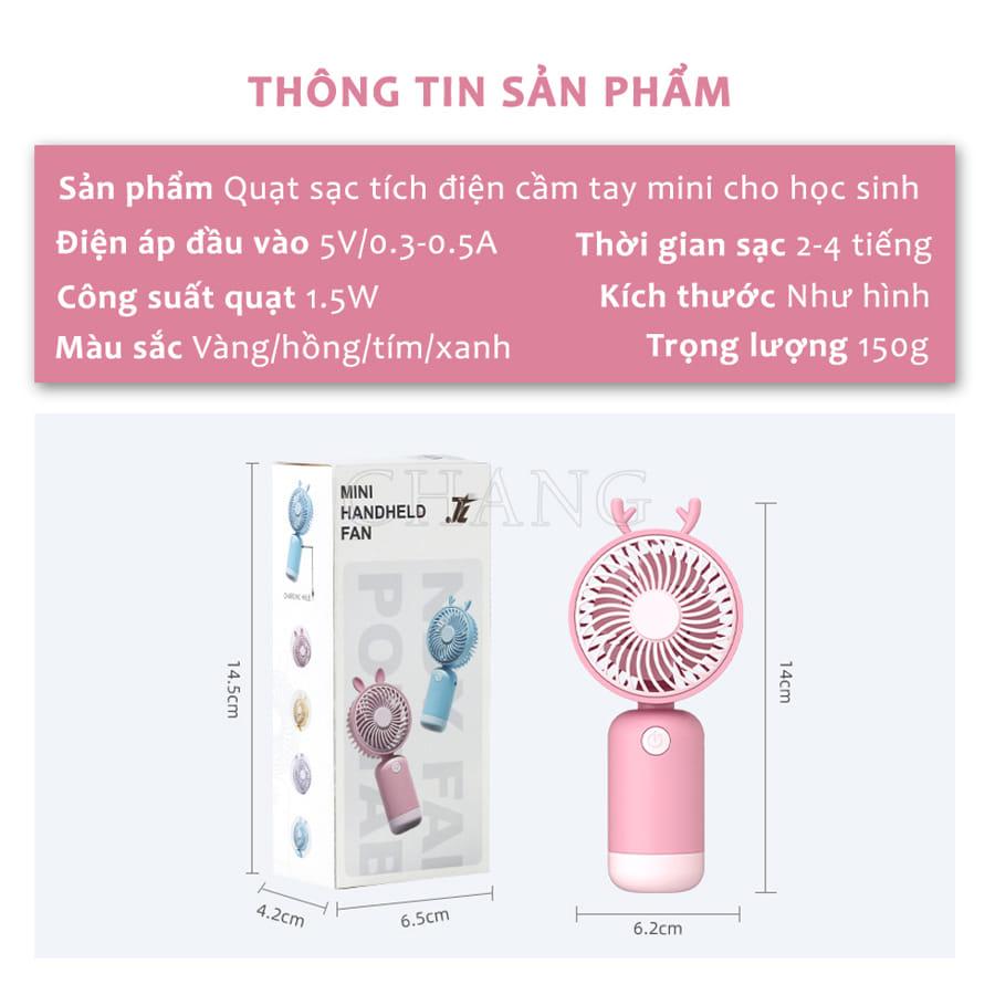 Quạt tích điện mini cầm tay sạc pin USB 3 cấp độ gió dung lượng pin 1200mAh tặng sticker dễ thương bh 6 tháng