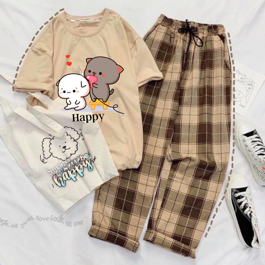 Sét Bộ Nữ SS11, Sét Đồ Nữ Đi Chơi Đẹp In Hình Mèo Sấy Tóc Dễ Thương,Sét Áo Vải Cotton,Quần Kẻ Màu Cá Tính