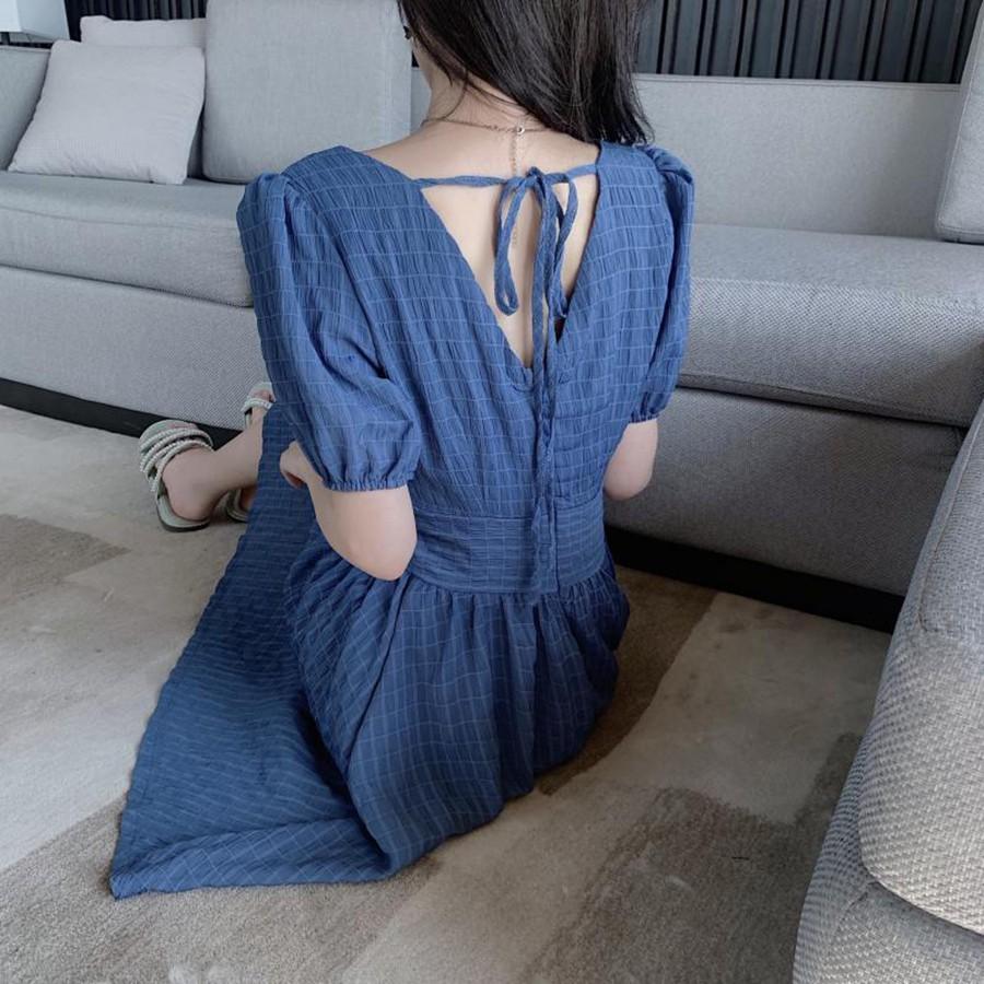 Đầm vải nhún cột nơ sau màu HỒNG & XANH