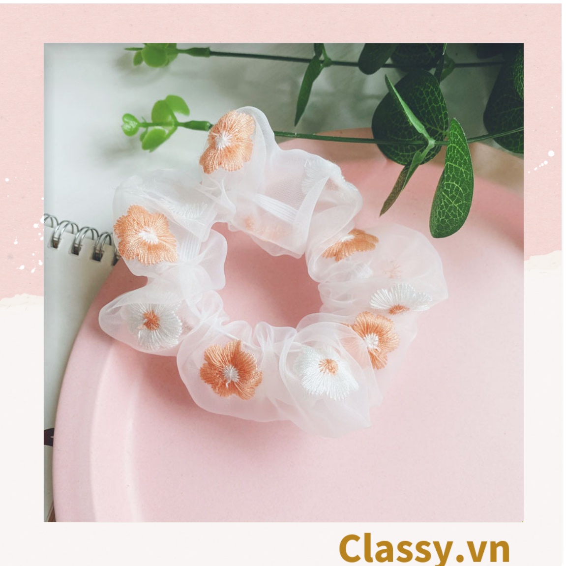 Dây cột tóc Scrunchies vải trong suốt thêu hoa