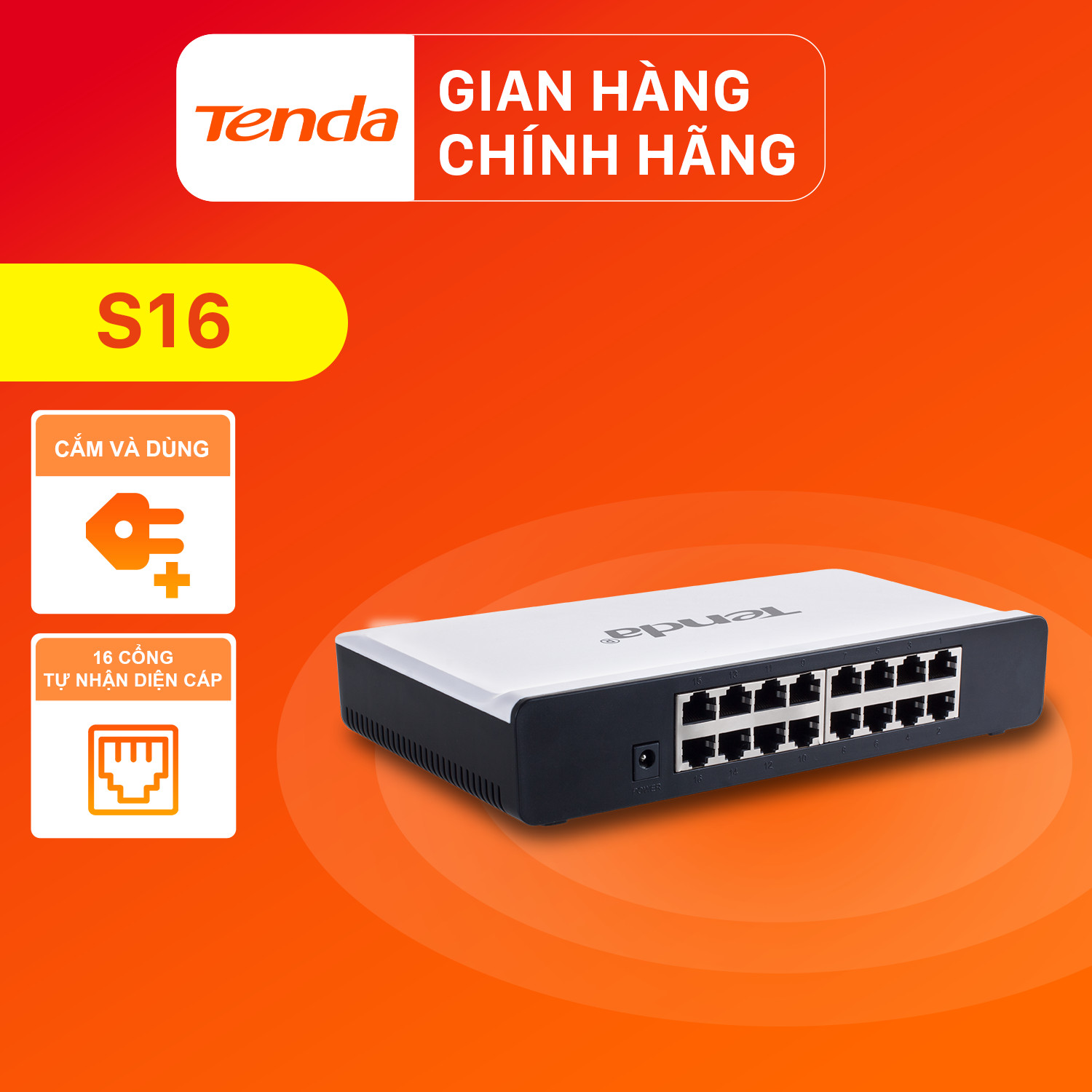 Tenda Bộ chia mạng Switch S16 16 cổng Ethernet 100Mbps - Hàng Chính Hãng