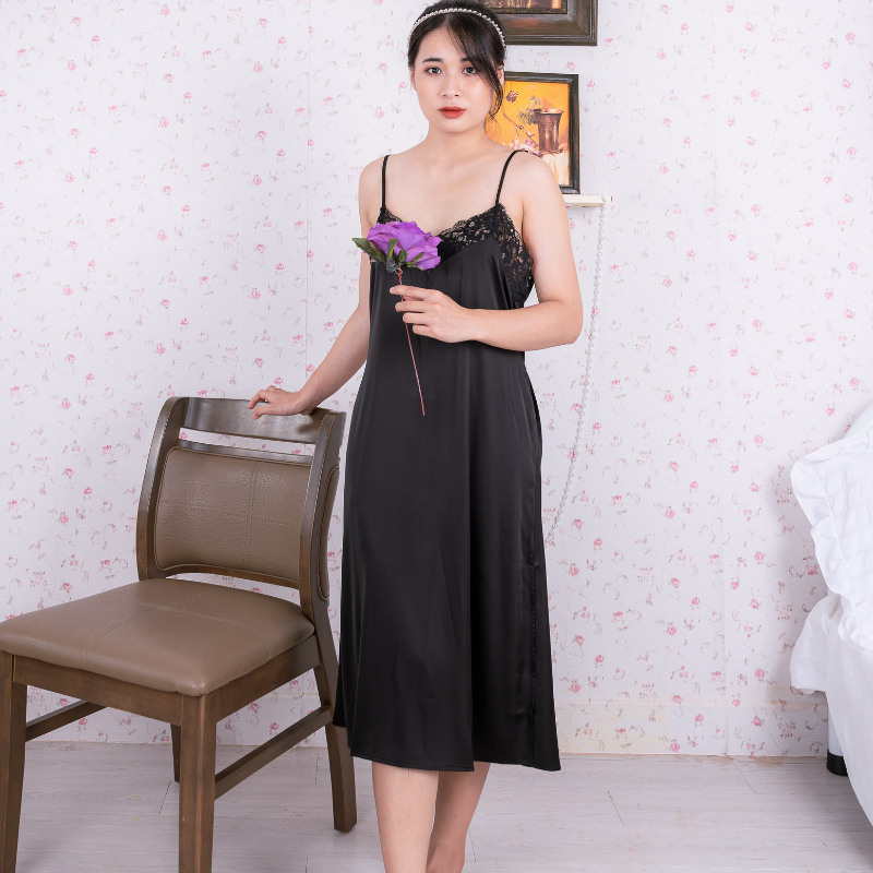 Đầm ngủ, Váy ngủ lụa Pháp cao cấp VILADY - V151, phối ren và ngực lưng, xẻ đùi 2 bên