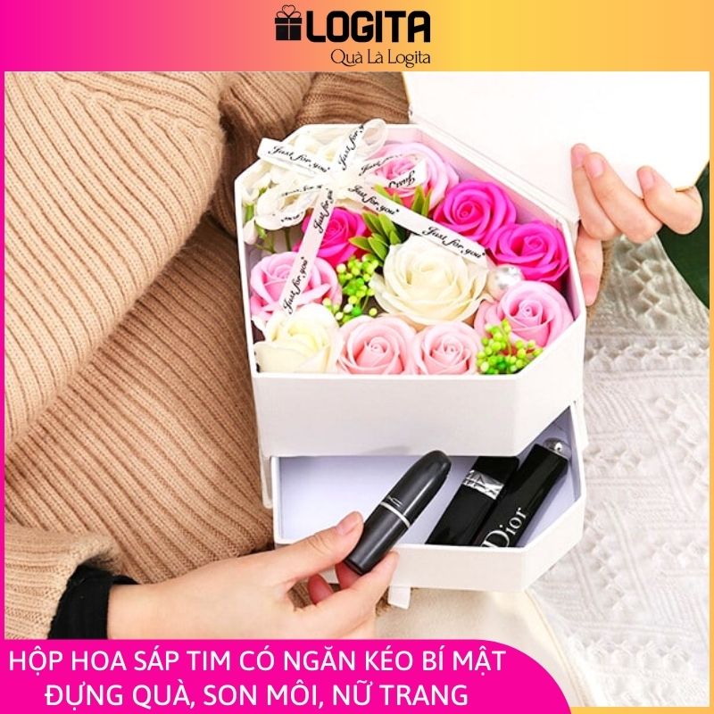 Quà Valentine 14/2 Tặng Bạn Gái - Hộp Hoa Hồng Sáp Tim Hương Thơm 3 Năm Có Ngăn Đựng Quà Cao cấp Sang Trọng