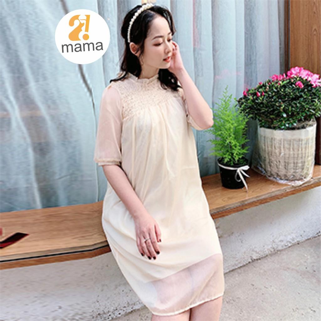 Đầm bầu 2MAMA chất tơ tằm 2 lớp phối cổ chun freesize dưới 75kg V26