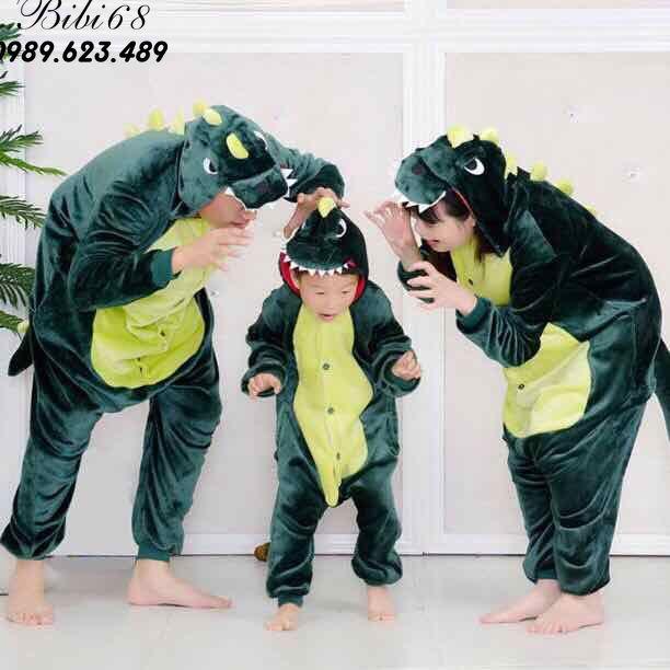 Bộ Đồ thú Khủng Long xanh liền thân lông mịn Pijama dành Cho Người Lớn và Trẻ Em kiểu dáng Động Vật Hoạt Hình Cosplay