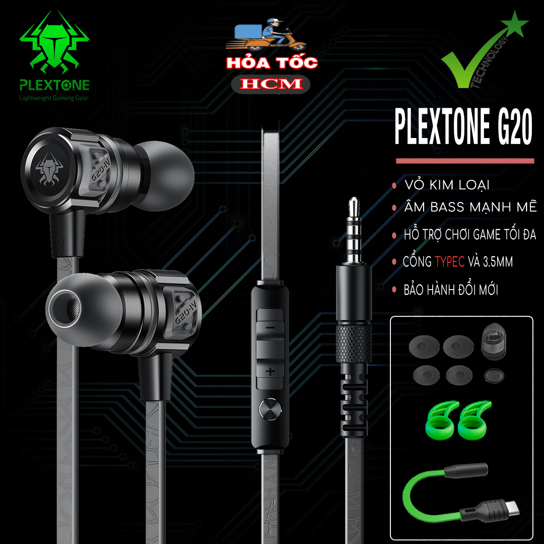 Tai nghe Game thủ, tai nghe in ear gaming Plextone G20 mẫu mới 2019 dây dẹt chống rối, Jack 3.5mm chữ L chống gẫy, Microphone Built in Filter Circuit – Hàng Chính Hãng