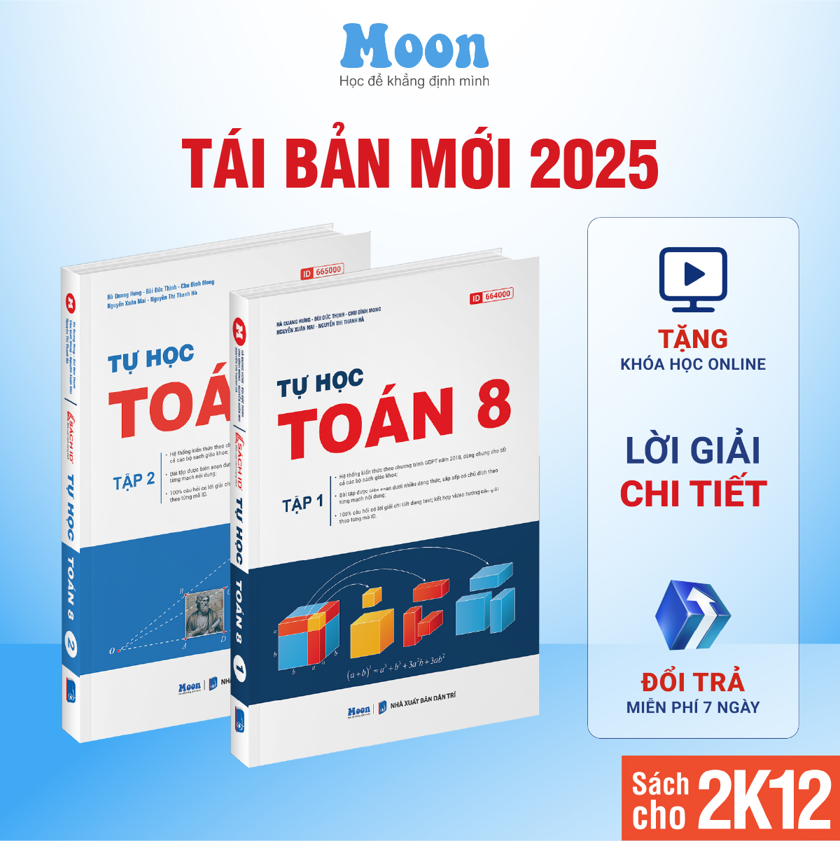 Sách  Tự Học Toán Lớp 8 – chương trình sách giáo khoa mới kết nối tri thức, cánh diều, chân trời sáng tạo Moonbook –  Combo 2 Quyển