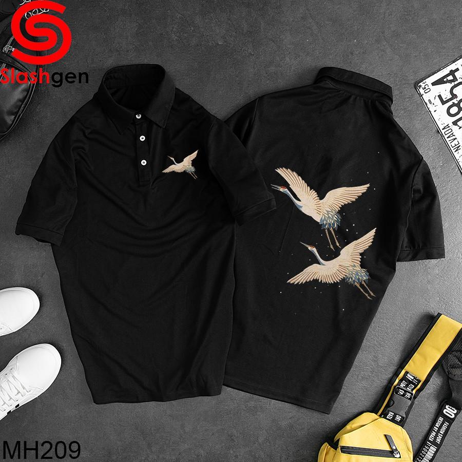 Áo Thun Nam Có Cổ MH209 Polo Đen 2 Con Hạc Vàng Xanh Sau Lưng 1 Hạc Ngực trái