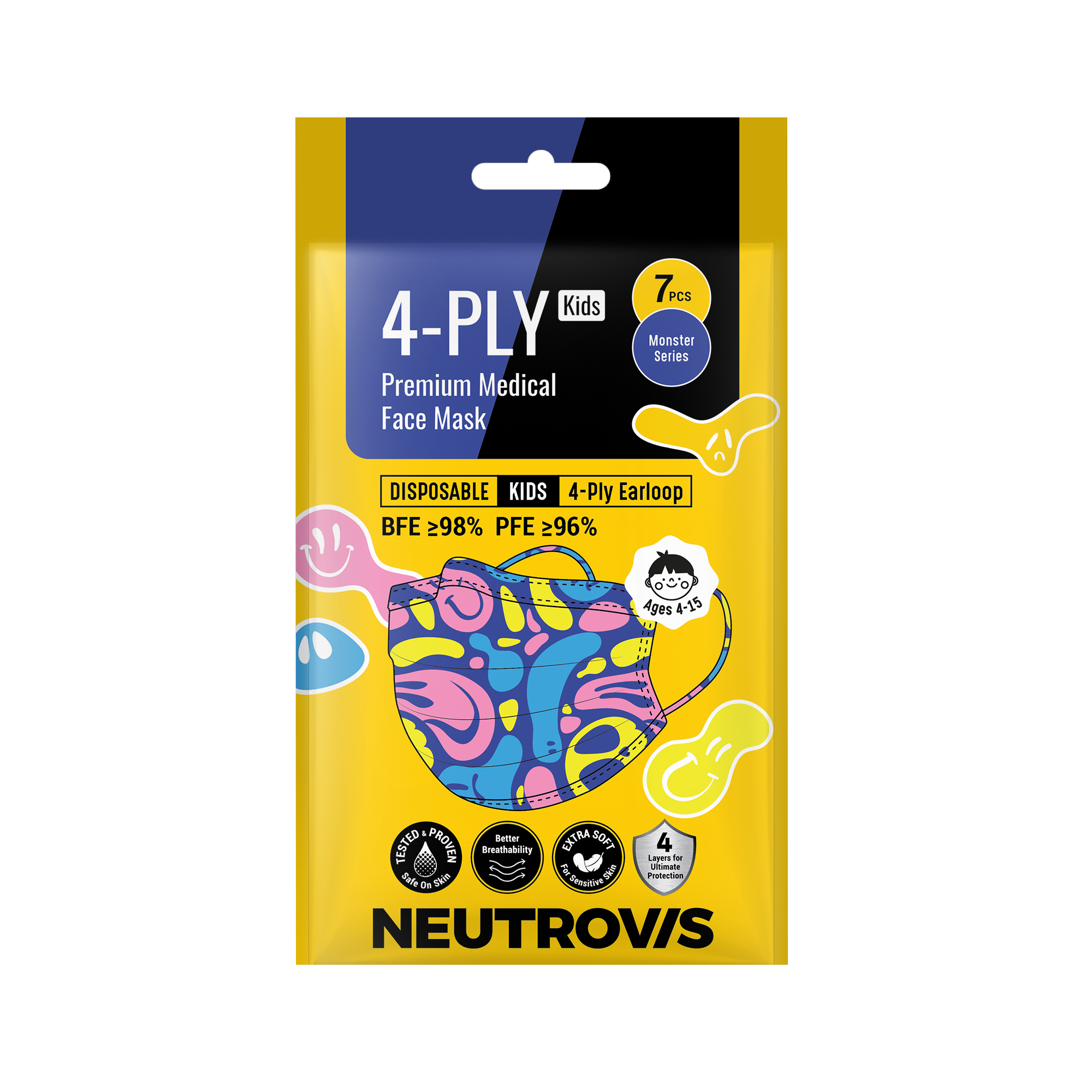 Khẩu Trang Trẻ Em Cao Cấp Kháng Khuẩn 4 Lớp Neutrovis - Peekaboo (7 Cái/Túi)