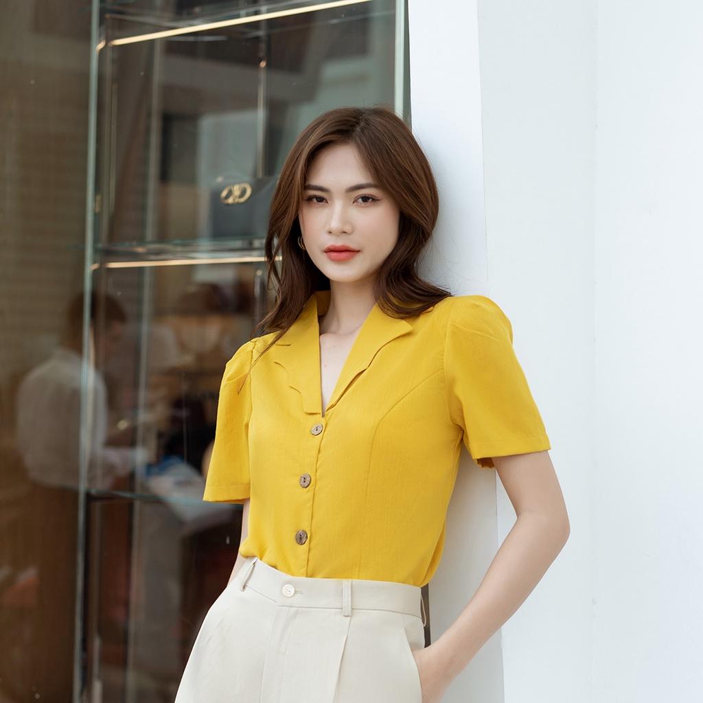 Áo kiểu công sở dáng ngắn cổ danton viền sóng - ASM195