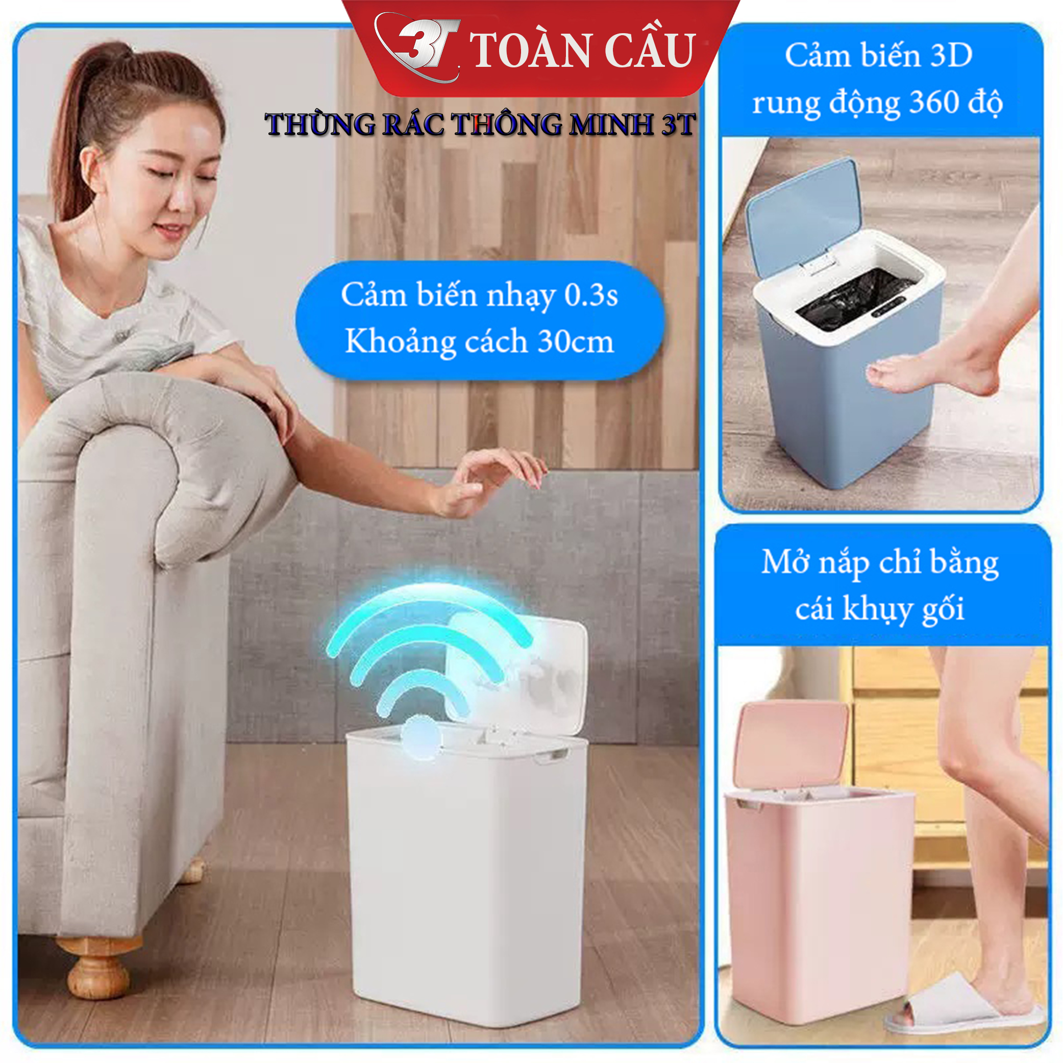 Thùng Rác Cảm Biến Thông Minh 14L Với 3 Chế Độ Mở Nắp Tự Động, Sử Dụng Nguồn Sạc, Nút Ấn Cảm Ứng