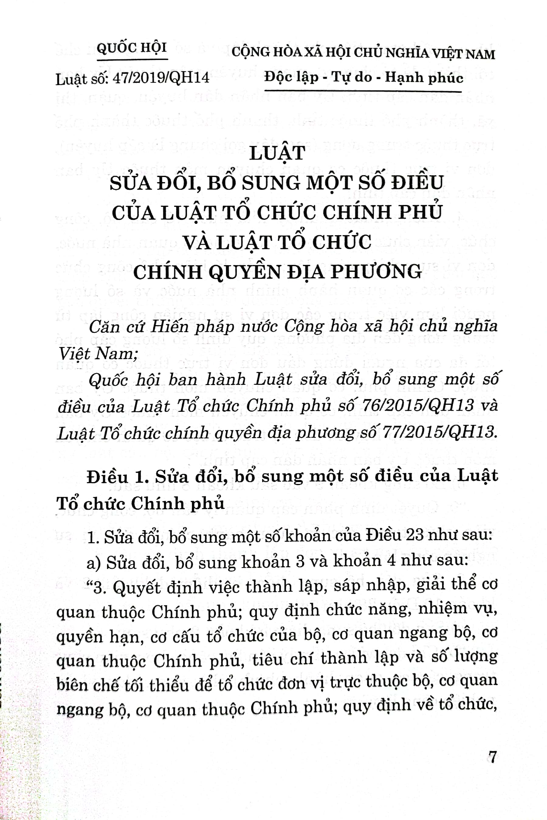Luật sửa đổi, bổ sung một số điều của Luật Tổ chức Chính phủ và Luật Tổ chức Chính quyền địa phương