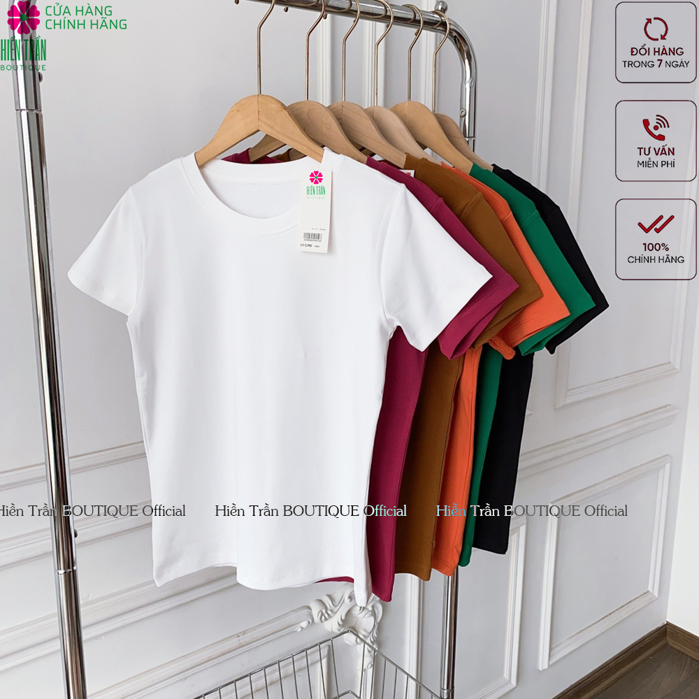 Áo phông nữ, áo thun nữ cổ tròn Hiền Trần BOUTIQUE cộc tay ngắn dáng ôm body thun cotton trơn màu trắng đen xanh tím nâu cam