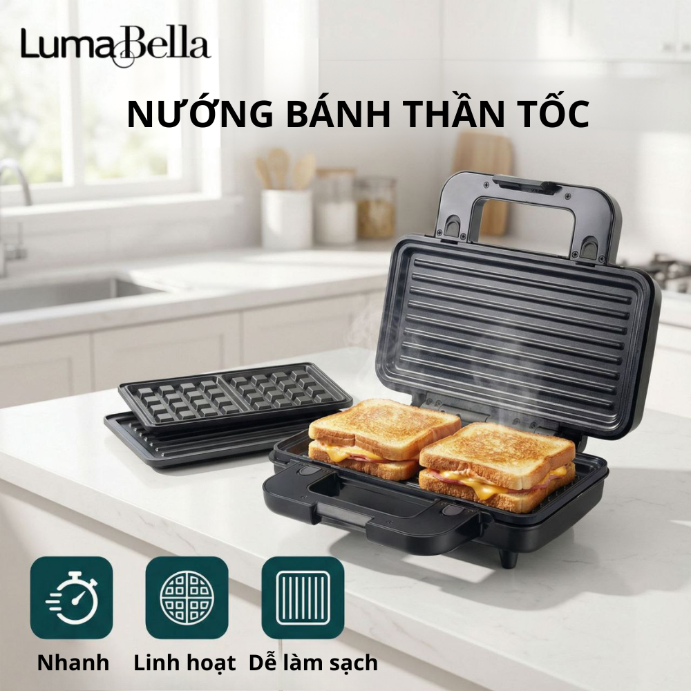 Máy kẹp nướng bánh mì Lumabella LB-58067 đa năng 3IN1, công suất cao 1000W, khay chống dính dễ dàng tháo lắp, vô cùng tiện lợi, dễ vệ sinh - DELIYA - HÀNG CHÍNH HÃNG