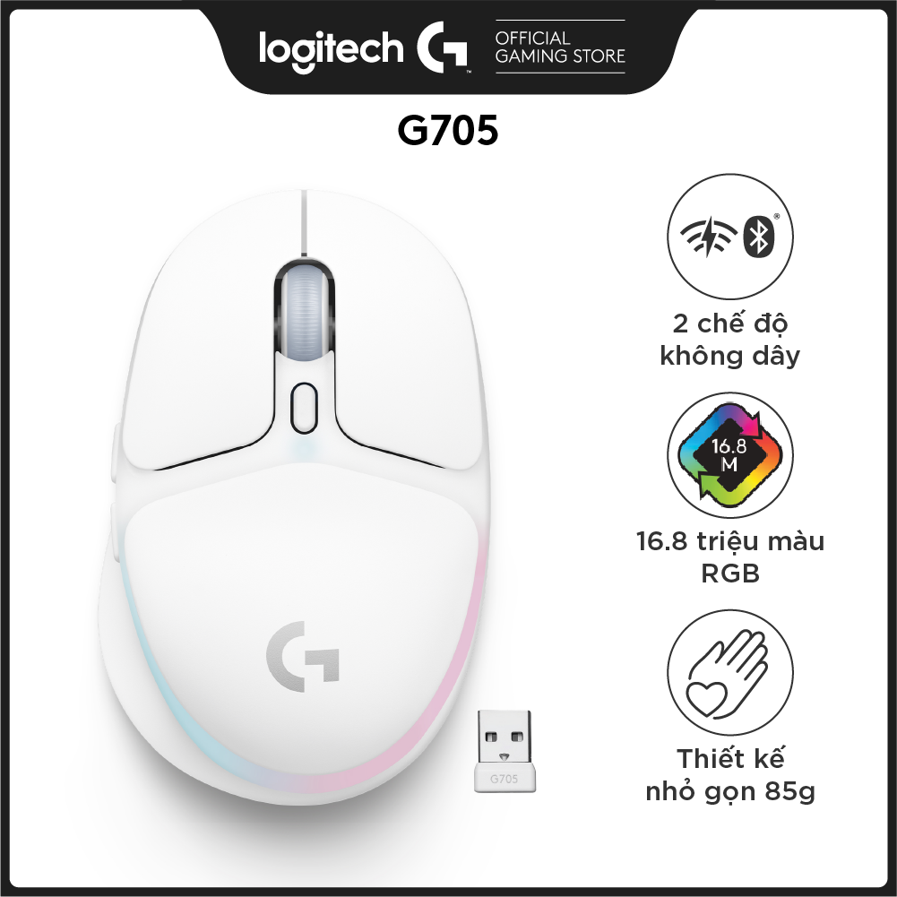Chuột game không dây Logitech G705 Bluetooth &amp; LIGHTSPEED, RGB , gọn nhẹ 85g, 6 nút lập trình, PC/Mac/Laptop - Hàng Chính Hãng