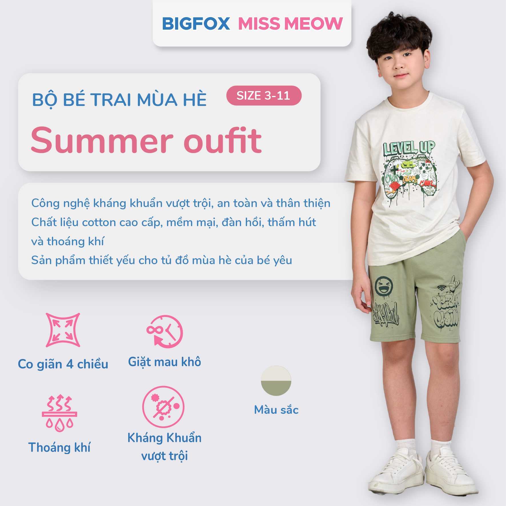 Bộ cotton bé trai size đại Bigfox Miss Meow mùa hè cộc tay in đẹp 12,13,14,15 tuổi 40kg 50kg