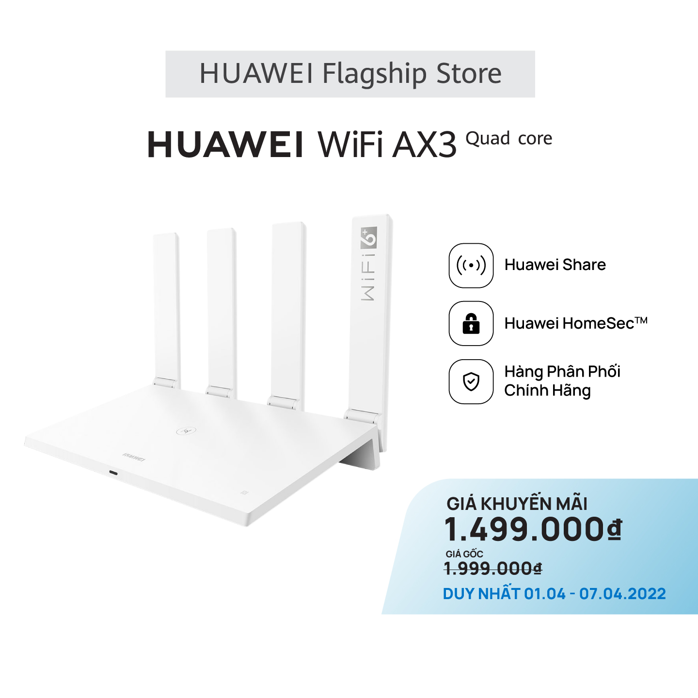 Bộ định tuyến HUAWEI WiFi AX3 Pro (CPU 4 nhân) | 3000 Mbps | Huawei Share | Huawei HomeSecTM | Hàng Phân Phối Chính Hãng