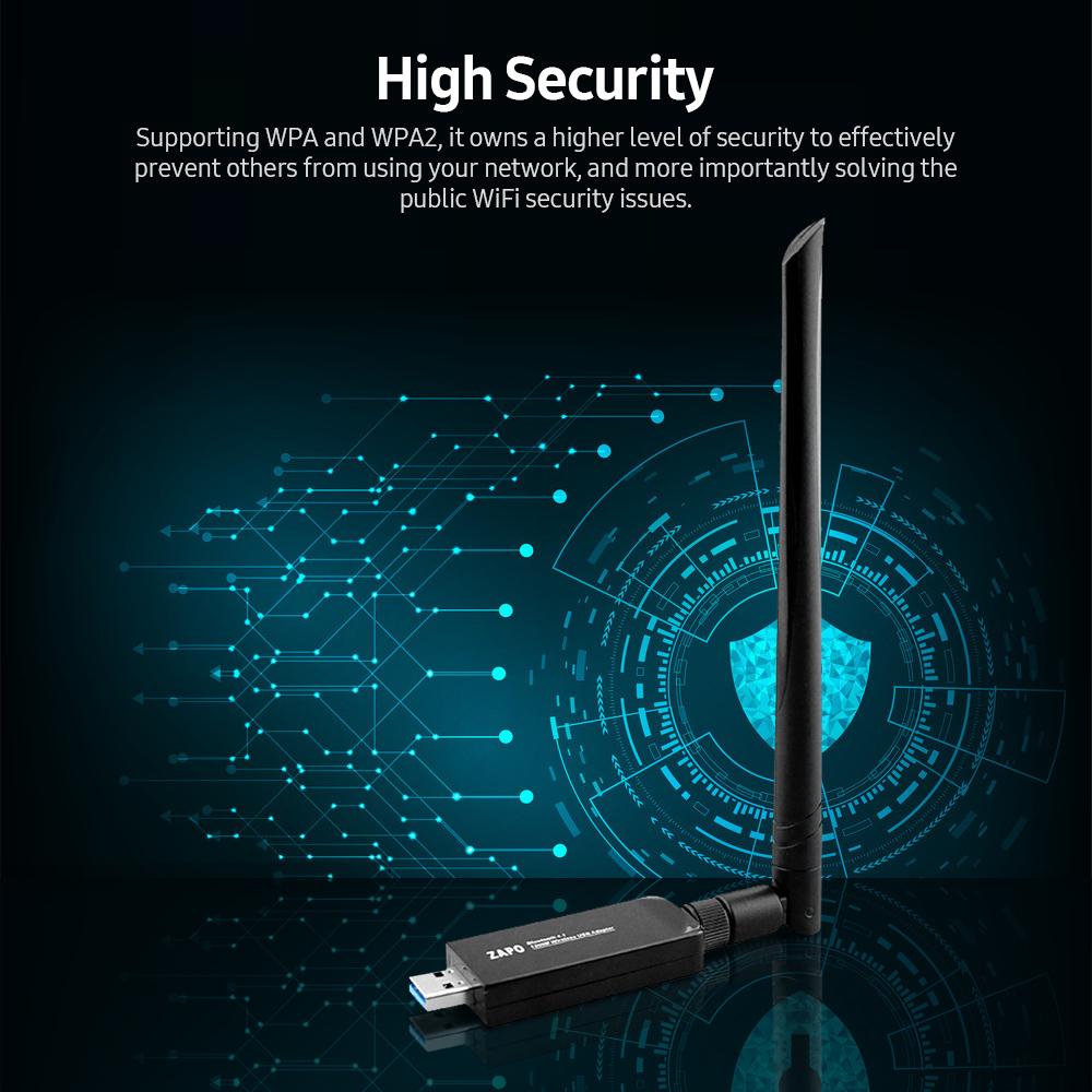 Bộ điều hợp WiFi ZAPO BT 4.1 USB cho PC WiFi băng tần kép Dongle với độ bảo mật cao / độ lợi cao có thể tháo rời