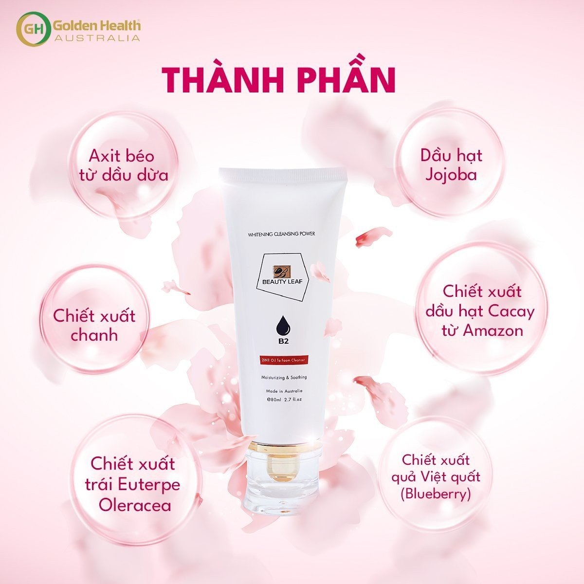 Sữa Rửa Mặt Kiêm Tẩy Trang 2 Trong 1, Làm Sạch Sâu, Sáng Da, Cấp Ẩm Và Giúp Da Căng Mịn Không Gây Khô Da Beauty Leaf 80ml - Nhập Khẩu Chính Ngạch Từ Úc