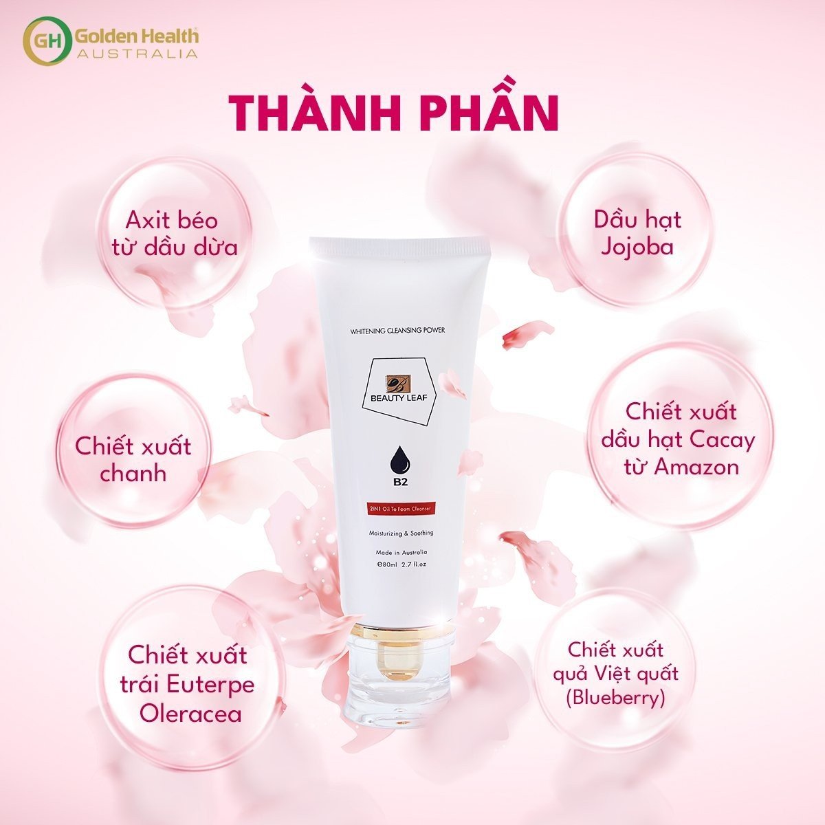 [GOLDEN HEALTH] Sữa Rửa Mặt Kiêm Tẩy Trang 2 Trong 1, Làm Sạch Sâu, Sáng Da, Cấp Ẩm Và Giúp Da Căng Mịn Không Gây Khô Da Beauty Leaf 80ml - Nhập Khẩu Chính Ngạch Từ Úc