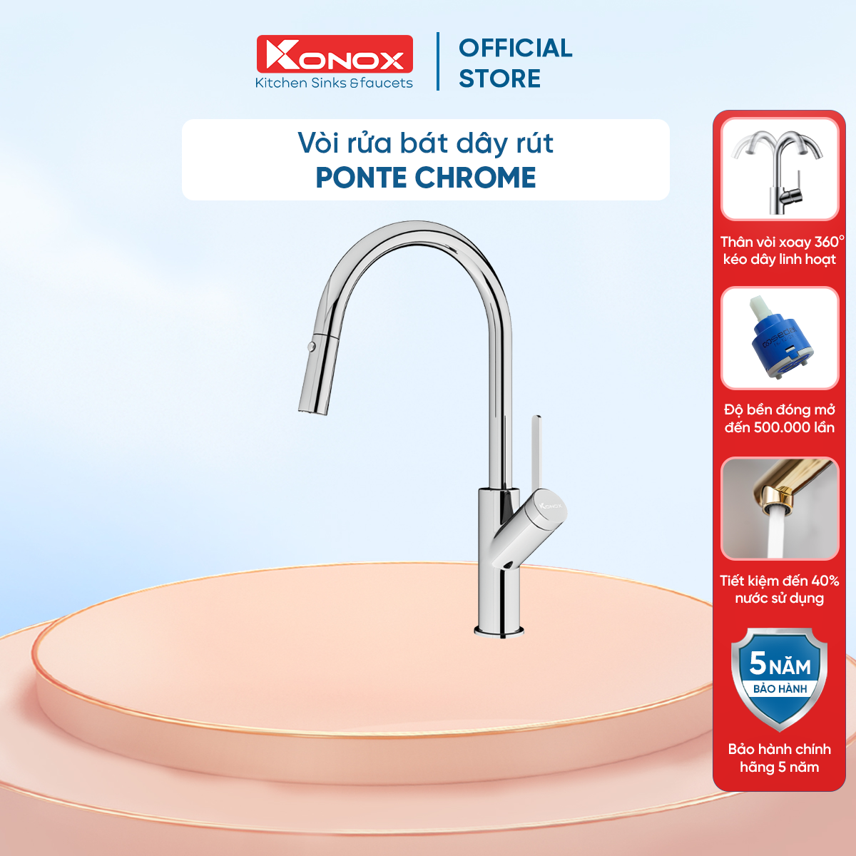 Vòi rửa bát kéo dây Konox, Model Ponte Grey, 4 phiên bản màu, Bề mặt mạ PVD 5 lớp cao cấp, Lõi đồng tiêu chuẩn CW617N, Linh kiện phụ trợ dòng chảy nhập khẩu châu Âu, Bảo hành chính hãng 5 năm, Hàng chính hãng