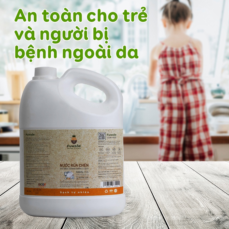 Nước rửa chén bát hữu cơ Fuwa3e 3.8L, đánh sạch mọi vết bẩn chén bát cứng đầu, 90% nguồn gốc thực vật, không hóa chất độc hại, an toàn cho bé, an toàn cho bà bầu.