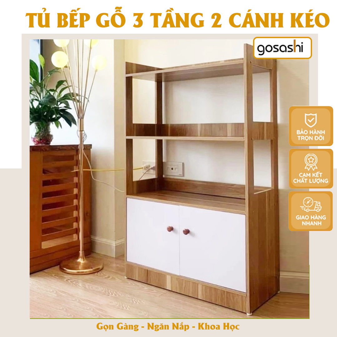 Tủ Bếp Gỗ 3 Tầng 2 Ngăn Kéo C100 x R60 x S30cm Tủ Gỗ Để Lò Vi Sóng, Nội Thất Phòng Bếp Hiện Đại Kệ Gỗ Nhà Bếp Đa Năng