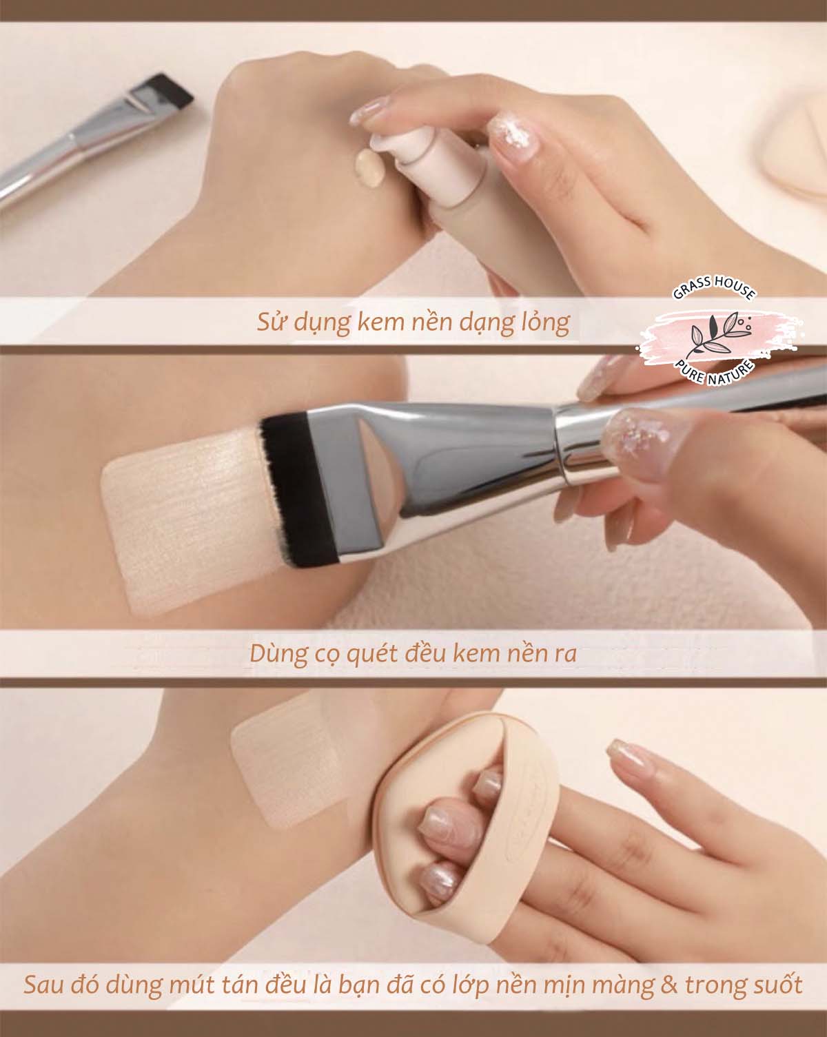 Cọ quét kem nền đều đầu dẹt (kèm vỏ bọc silicon), hỗ trợ dàn kem nền mỏng mịn tự nhiên, lông cọ mềm không đau da