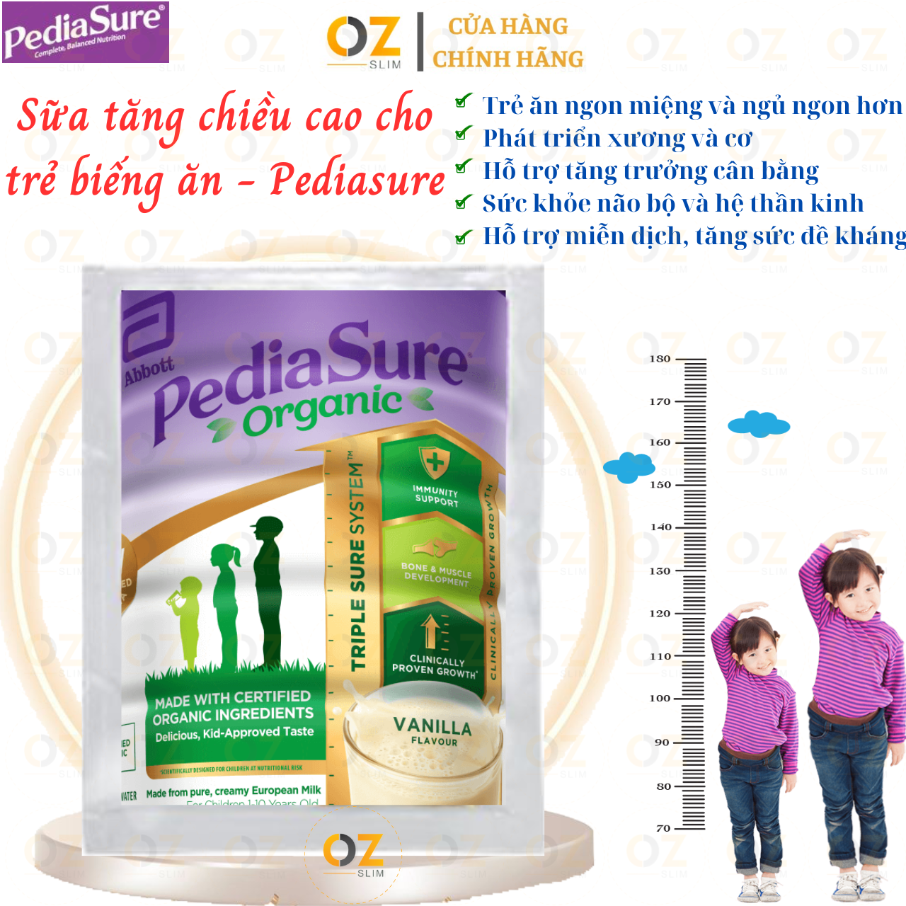 Sữa tăng chiều cao cho trẻ biếng ăn từ 1-10 tuổi Úc Pediasure Vanilla giúp phát triển cân đối chiều cao, cân nặng, trí não - OZ Slim Store