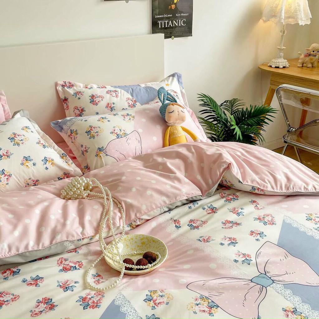 Bộ chăn ga gối Cotton Poly M2T bedding Cánh hồng, vỏ chăn mền, drap giường và 2 vỏ gối