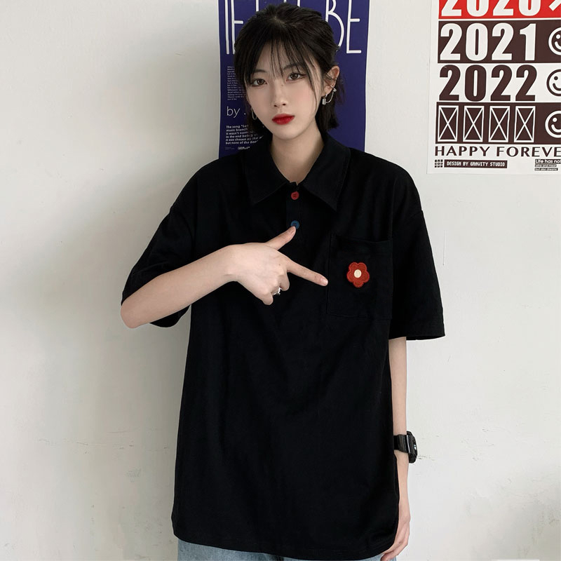 Áo thun polo nam nữ tay lỡ Yinxx, áo thun có cổ nam nữ form rộng màu đen ATP04