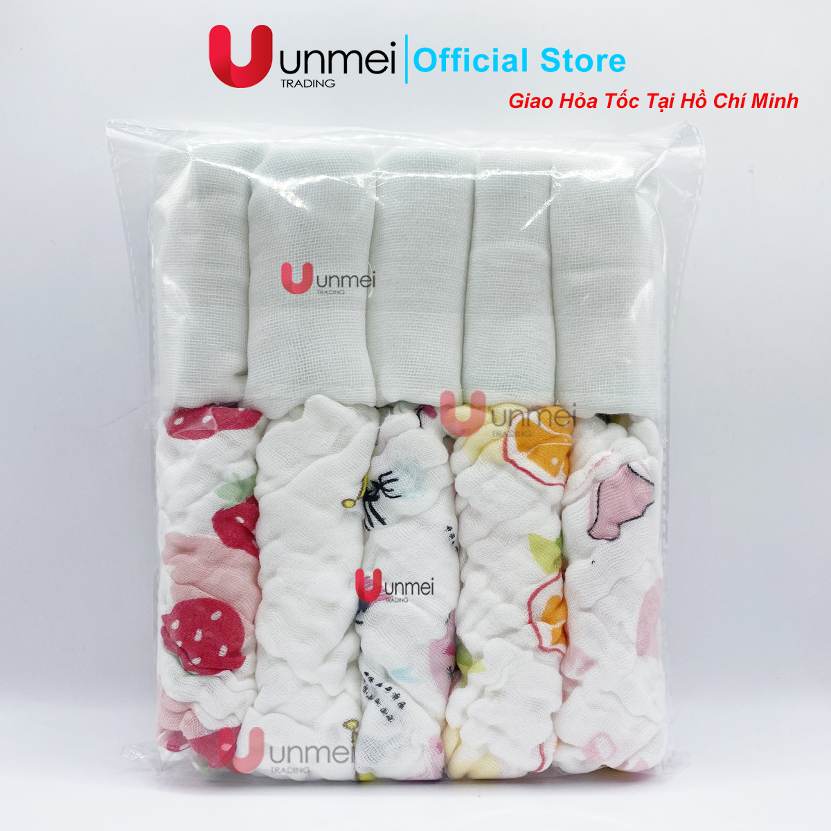 Set 10 Khăn Xô, Khăn Sữa UNMEI Dày 6 Lớp 100% Cotton An Toàn, Thấm Hút Tốt, Tiện Lợi Cho Trẻ Từ Sơ Sinh (5 Khăn Xô Trắng KT25x25cm, 5 Khăn Xô Nhăn Hình 30x30cm)