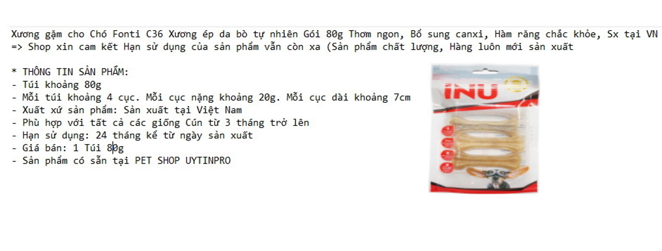 Xương gặm cho Chó Fonti C36 Xương ép da bò tự nhiên Gói 80g Thơm ngon, Bổ sung canxi, Hàm răng chắc khỏe, Sx tại VN