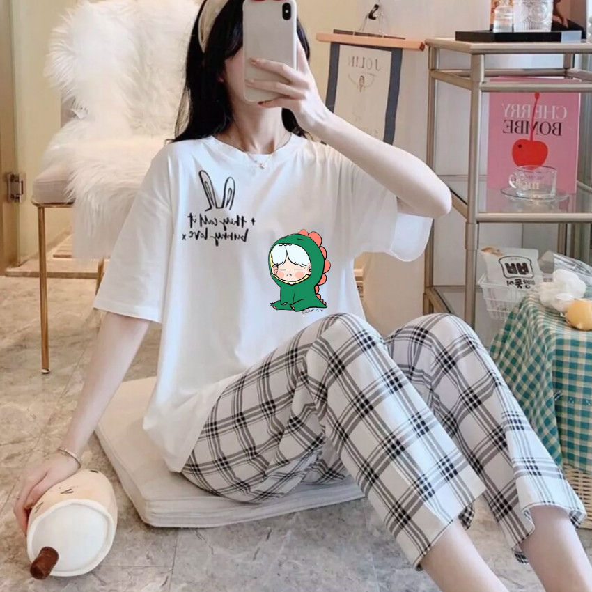 Sét Bộ Nữ SS20, Sét Đồ Nữ Đi Chơi Đẹp In Cô Gái Khủng Long Xanh, Sét Áo Vải Cotton, Và Quần Kẻ Màu Cá Tính