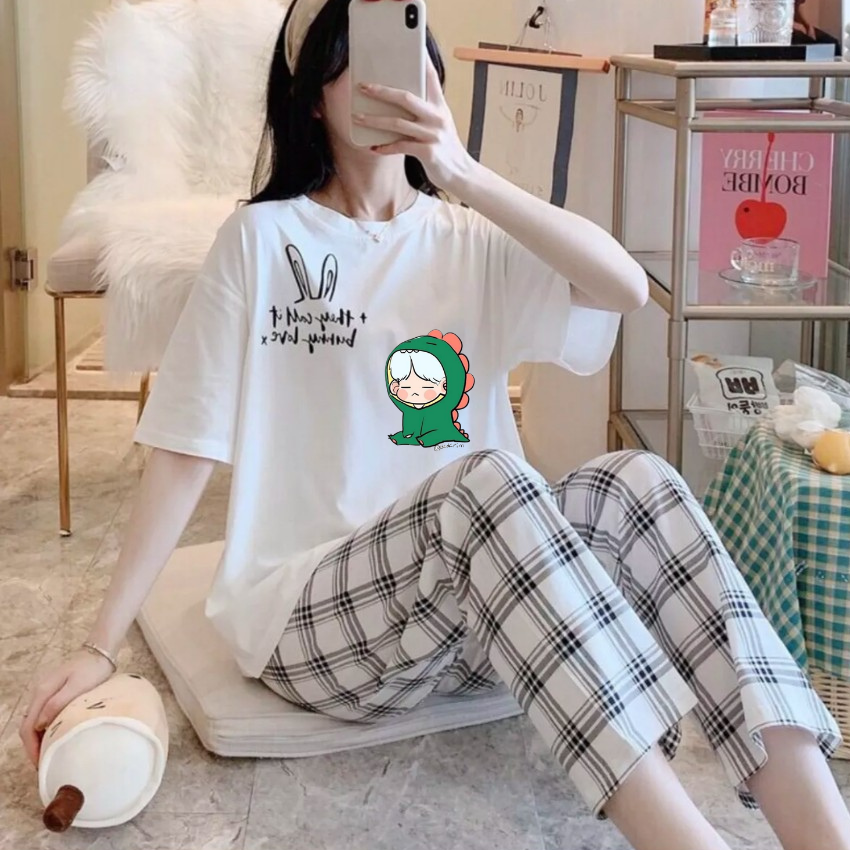 Sét Bộ Nữ SS20, Sét Đồ Nữ Đi Chơi Đẹp In Cô Gái Khủng Long Xanh, Sét Áo Vải Cotton,  Và Quần Kẻ Màu Cá Tính