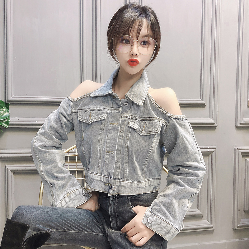 Hàng Quảng Châu - Áo sơ mi jean vai cut-out kết đá sang chảnh - A16263