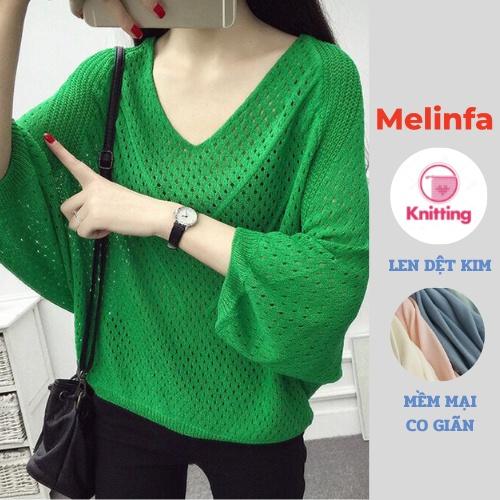 Áo len nữ mỏng cổ V cánh dơi dập lỗ len dệt kim mềm mịn co giãn mặc mùa hè mã VAA0315